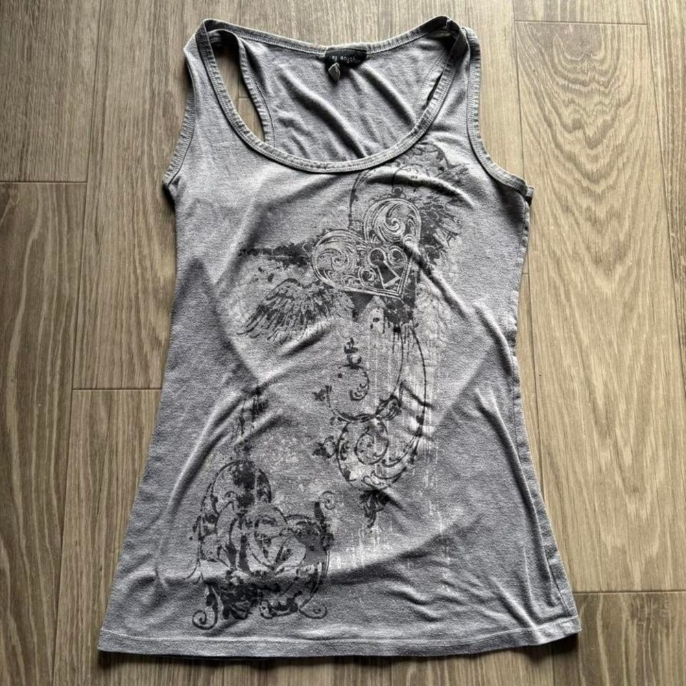 Say Anything Graphic Racerback Tank Top Women's Large Gray Winged Heart Y2K